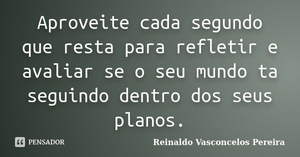 Aproveite cada segundo que resta para refletir e avaliar se o seu mundo ta seguindo dentro dos seus planos.... Frase de Reinaldo Vasconcelos Pereira.