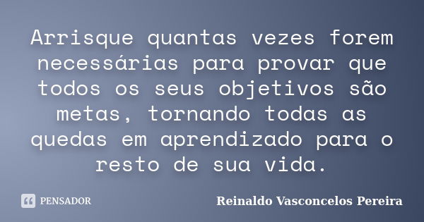 Arrisque quantas vezes forem necessárias para provar que todos os seus objetivos são metas, tornando todas as quedas em aprendizado para o resto de sua vida.... Frase de Reinaldo Vasconcelos Pereira.