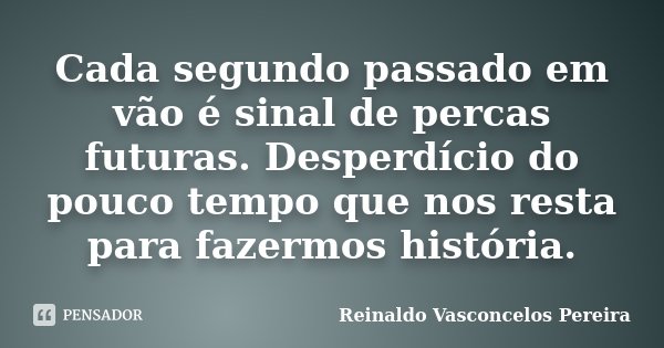 Cada segundo passado em vão é sinal de percas futuras. Desperdício do pouco tempo que nos resta para fazermos história.... Frase de Reinaldo Vasconcelos Pereira.