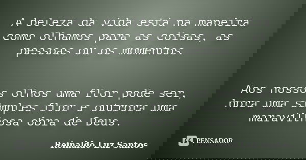 A beleza da vida está na maneira como olhamos para as coisas, as pessoas ou os momentos. Aos nossos olhos uma flor pode ser, hora uma simples flor e outrora uma... Frase de Reinaldo Luz Santos.