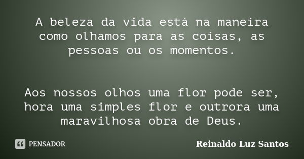 A beleza da vida está na maneira como olhamos para as coisas, as pessoas ou os momentos. Aos nossos olhos uma flor pode ser, hora uma simples flor e outrora uma... Frase de Reinaldo Luz Santos.