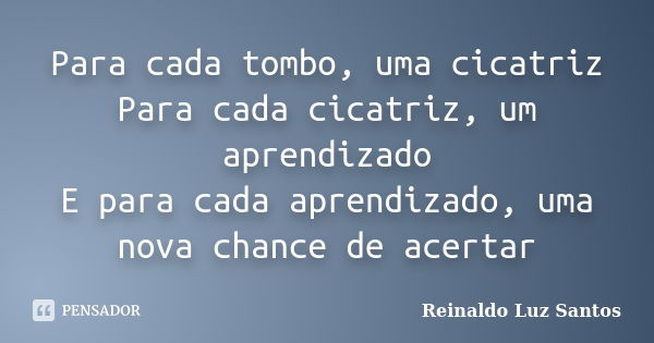 Para cada tombo, uma cicatriz Para cada cicatriz, um aprendizado E para cada aprendizado, uma nova chance de acertar... Frase de Reinaldo Luz Santos.