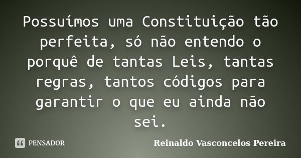 Possuímos uma Constituição tão perfeita, só não entendo o porquê de tantas Leis, tantas regras, tantos códigos para garantir o que eu ainda não sei.... Frase de Reinaldo Vasconcelos Pereira.