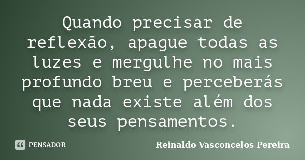 Quando precisar de reflexão, apague todas as luzes e mergulhe no mais profundo breu e perceberás que nada existe além dos seus pensamentos.... Frase de Reinaldo Vasconcelos Pereira.