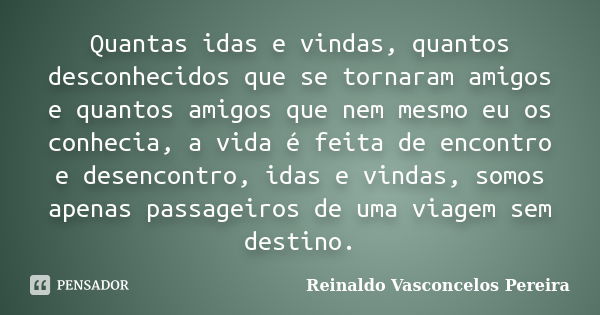 Quantas idas e vindas, quantos desconhecidos que se tornaram amigos e quantos amigos que nem mesmo eu os conhecia, a vida é feita de encontro e desencontro, ida... Frase de Reinaldo Vasconcelos Pereira.