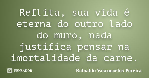 Reflita, sua vida é eterna do outro lado do muro, nada justifica pensar na imortalidade da carne.... Frase de Reinaldo Vasconcelos Pereira.