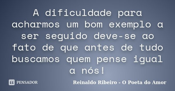 A dificuldade para acharmos um bom exemplo a ser seguido deve-se ao fato de que antes de tudo buscamos quem pense igual a nós!... Frase de Reinaldo Ribeiro - O Poeta do Amor.