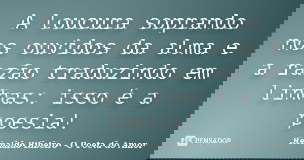 A loucura soprando nos ouvidos da alma e a razão traduzindo em linhas: isso é a poesia!... Frase de Reinaldo Ribeiro - O Poeta do Amor.