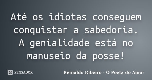 Até os idiotas conseguem conquistar a sabedoria. A genialidade está no manuseio da posse!... Frase de Reinaldo Ribeiro - O poeta do Amor.