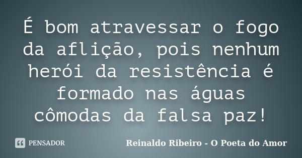 É bom atravessar o fogo da aflição, pois nenhum herói da resistência é formado nas águas cômodas da falsa paz!... Frase de Reinaldo Ribeiro - O poeta do Amor.