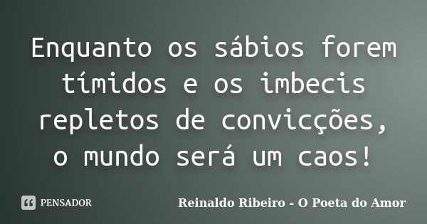 Enquanto os sábios forem tímidos e os imbecis repletos de convicções, o mundo será um caos!... Frase de Reinaldo Ribeiro - O poeta do Amor.