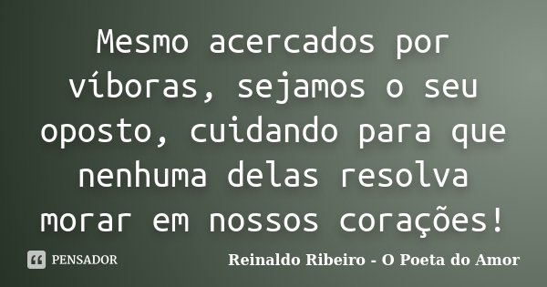 Mesmo acercados por víboras, sejamos o seu oposto, cuidando para que nenhuma delas resolva morar em nossos corações!... Frase de Reinaldo Ribeiro - O poeta do Amor.