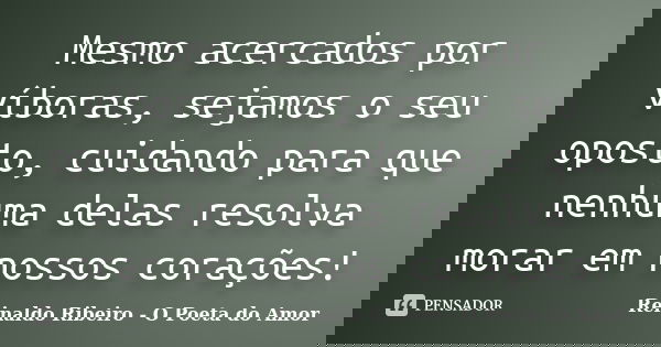 Mesmo acercados por víboras, sejamos o seu oposto, cuidando para que nenhuma delas resolva morar em nossos corações!... Frase de Reinaldo Ribeiro - O poeta do Amor.