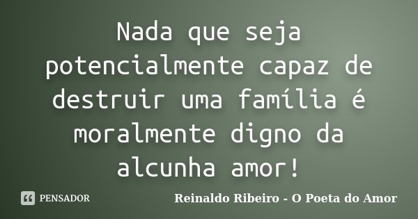 Nada que seja potencialmente capaz de destruir uma família é moralmente digno da alcunha amor!... Frase de Reinaldo Ribeiro - O poeta do Amor.