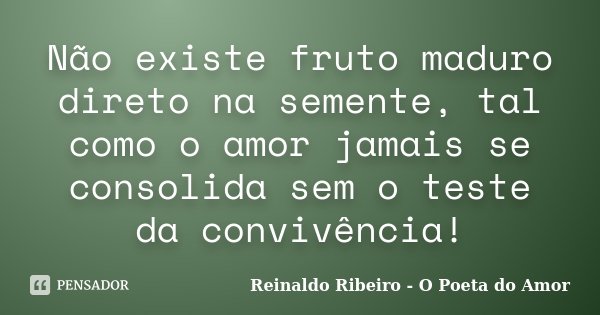 Não existe fruto maduro direto na semente, tal como o amor jamais se consolida sem o teste da convivência!... Frase de Reinaldo Ribeiro - O Poeta do Amor.
