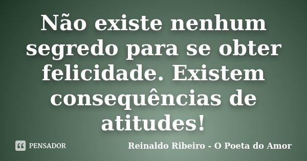 Não existe nenhum segredo para se obter felicidade. Existem consequências de atitudes!... Frase de Reinaldo Ribeiro - O Poeta do Amor.