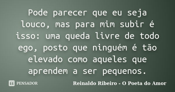 Pode parecer que eu seja louco, mas para mim subir é isso: uma queda livre de todo ego, posto que ninguém é tão elevado como aqueles que aprendem a ser pequenos... Frase de Reinaldo Ribeiro - O Poeta do Amor.