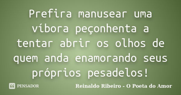 Prefira manusear uma víbora peçonhenta a tentar abrir os olhos de quem anda enamorando seus próprios pesadelos!... Frase de Reinaldo Ribeiro - O poeta do Amor.