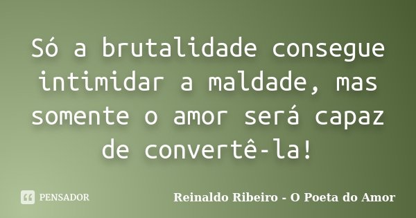 Só a brutalidade consegue intimidar a maldade, mas somente o amor será capaz de convertê-la!... Frase de Reinaldo Ribeiro - O Poeta do Amor.
