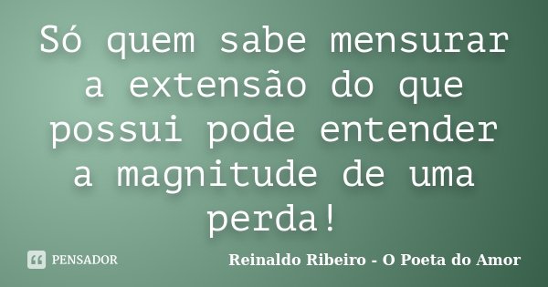 Só quem sabe mensurar a extensão do que possui pode entender a magnitude de uma perda!... Frase de Reinaldo Ribeiro - O Poeta do Amor.