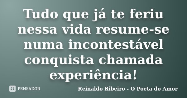 Tudo que já te feriu nessa vida resume-se numa incontestável conquista chamada experiência!... Frase de Reinaldo Ribeiro - O poeta do Amor.