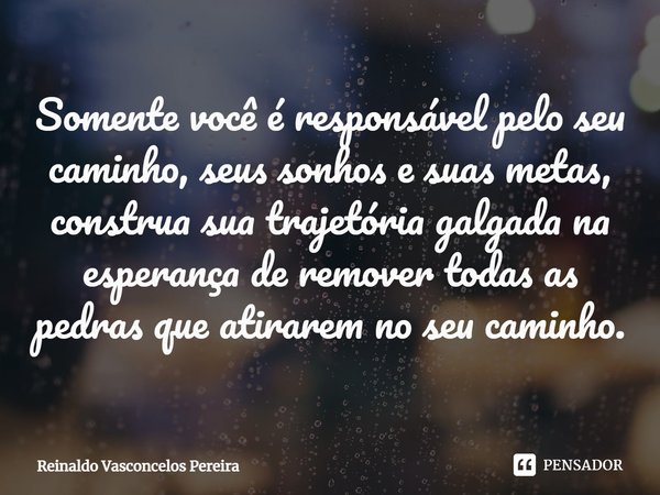 ⁠Somente você é responsável pelo seu caminho, seus sonhos e suas metas, construa sua trajetória galgada na esperança de remover todas as pedras que atirarem no ... Frase de Reinaldo Vasconcelos Pereira.