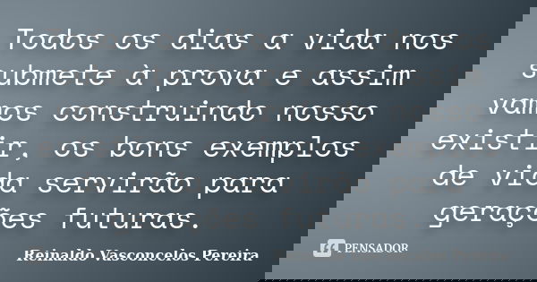 Todos os dias a vida nos submete à prova e assim vamos construindo nosso existir, os bons exemplos de vida servirão para gerações futuras.... Frase de Reinaldo Vasconcelos Pereira.