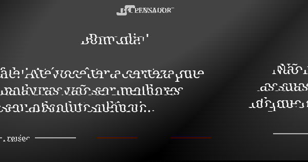 Bom dia! Não fale! Até você ter a certeza que as suas palavras vão ser melhores do que o seu absoluto silêncio...... Frase de reisec.