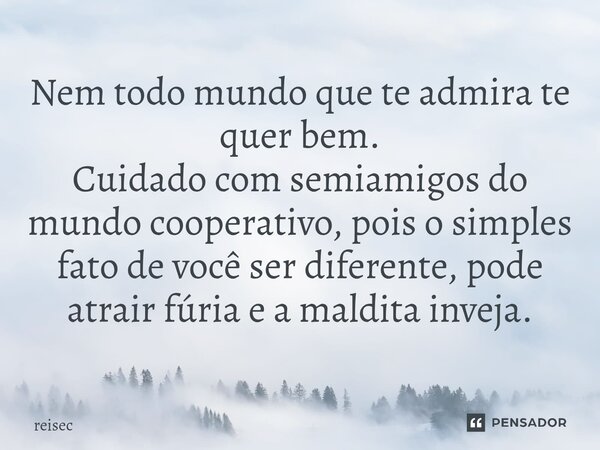 ⁠Nem todo mundo que te admira te quer bem. Cuidado com semi amigos do mundo cooperativo, pois o simples fato de você ser diferente, pode atrair fúria e a maldit... Frase de reisec.