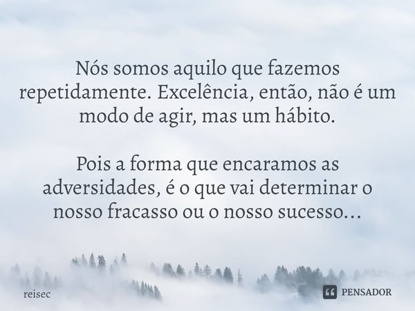 ⁠Nós somos aquilo que fazemos repetidamente. Excelência, então, não é um modo de agir, mas um hábito. Pois a forma que encaramos as adversidades, é o que vai de... Frase de reisec.