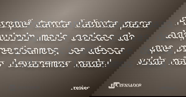 Porquê tanta labuta para adquirir mais coisas do que precisamos, se dessa vida não levaremos nada!... Frase de reisec.