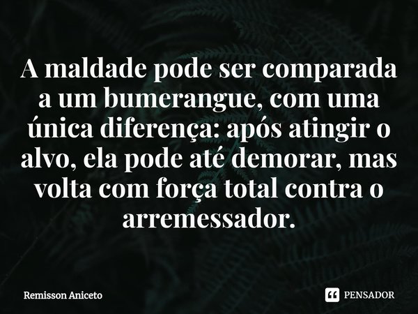 ⁠A maldade pode ser comparada a um bumerangue, com uma única diferença: após atingir o alvo, ela pode até demorar, mas volta com força total contra o arremessad... Frase de Remisson Aniceto.