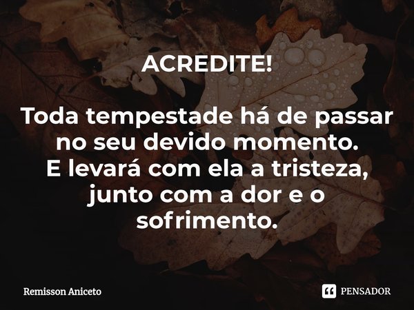 ACREDITE! Toda tempestade há de passar
no seu devido momento.
E levará com ela a tristeza,
junto com a dor e o sofrimento.... Frase de Remisson Aniceto.