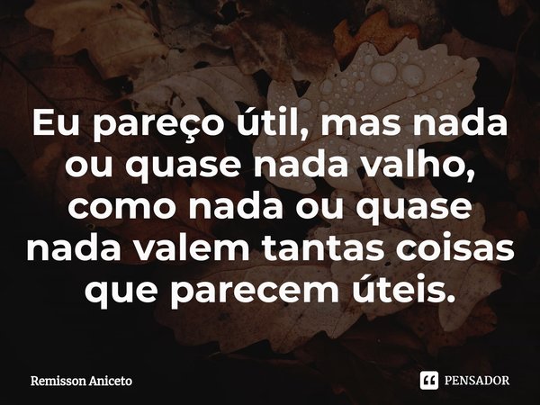 ⁠⁠Eu pareço útil, mas nada ou quase nada valho, como nada ou quase nada valem tantas coisas que parecem úteis.... Frase de Remisson Aniceto.