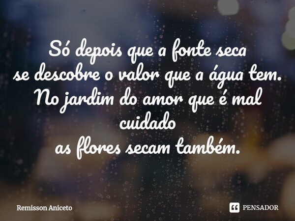 ⁠Só depois que a fonte seca se descobre o valor que a água tem. No jardim do amor que é mal cuidado as flores secam também.... Frase de Remisson Aniceto.