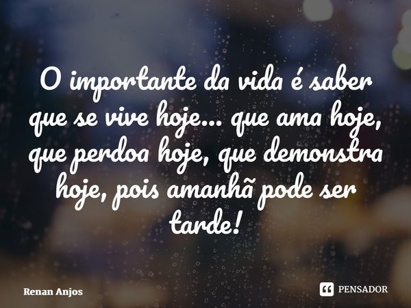 ⁠O importante da vida é saber que se vive hoje… que ama hoje, que perdoa hoje, que demonstra hoje, pois amanhã pode ser tarde!... Frase de Renan Anjos.