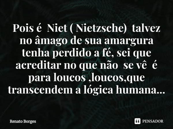 ⁠Pois é Niet ( Nietzsche) talvez no âmago de sua amargura tenha perdido a fé, sei que acreditar no que não se vê é para loucos ,loucos,que transcendem a lógica ... Frase de Renato Borges.