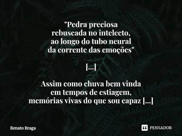 ⁠"Pedra preciosa
rebuscada no intelecto,
ao longo do tubo neural
da corrente das emoções" [...] Assim como chuva bem vinda
em tempos de estiagem,
memó... Frase de Renato Braga.