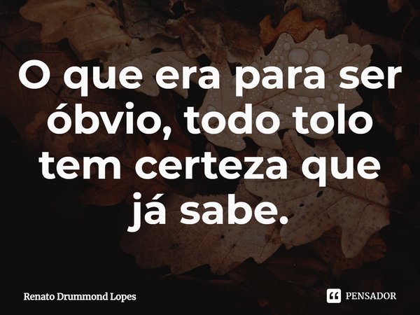 ⁠O que era para ser óbvio, todo tolo tem certeza que já sabe.... Frase de Renato Drummond Lopes.