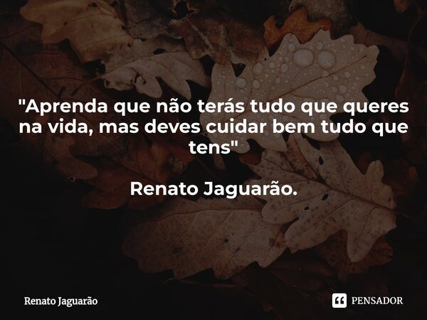 "Aprenda que não terás tudo que queres na vida, mas deves cuidar bem tudo que tens" Renato Jaguarão.... Frase de Renato Jaguarão.