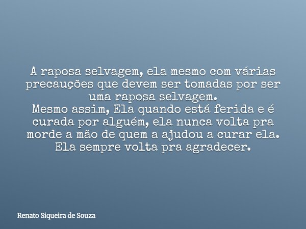A raposa selvagem, ela mesmo com várias precauções que devem ser tomadas por ser uma raposa selvagem. Mesmo assim, Ela quando está ferida e é curada por alguém,... Frase de Renato Siqueira de Souza.