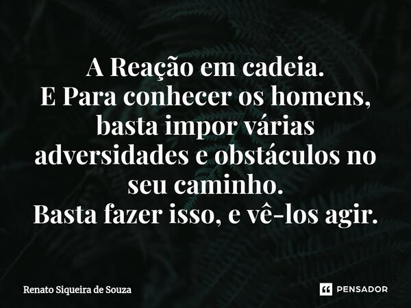 ⁠A Reação em cadeia. E Para conhecer os homens, basta impor várias adversidades e obstáculos no seu caminho. Basta fazer isso, e vê-los agir.... Frase de Renato siqueira de souza.