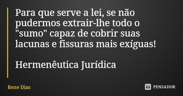 Para que serve a lei, se não pudermos extrair-lhe todo o "sumo" capaz de cobrir suas lacunas e fissuras mais exíguas! Hermenêutica Jurídica... Frase de Rene Dias.