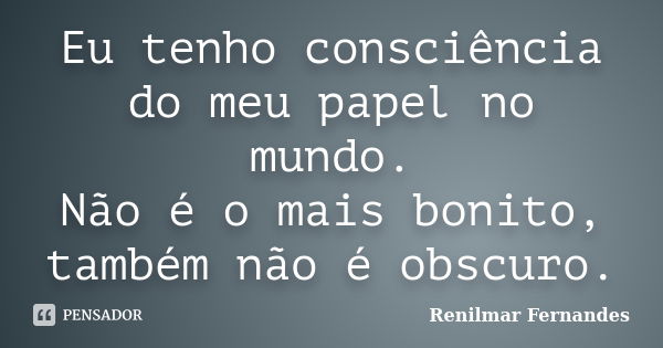 Eu tenho consciência do meu papel no mundo. Não é o mais bonito, também não é obscuro.... Frase de Renilmar Fernandes.