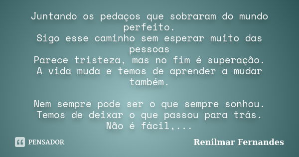 Juntando os pedaços que sobraram do mundo perfeito. Sigo esse caminho sem esperar muito das pessoas Parece tristeza, mas no fim é superação. A vida muda e temos... Frase de Renilmar Fernandes.