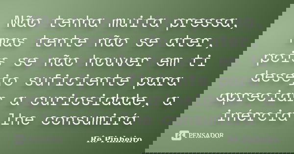 Não tenha muita pressa, mas tente não se ater, pois se não houver em ti desejo suficiente para apreciar a curiosidade, a inércia lhe consumirá... Frase de Rê Pinheiro.