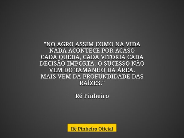 "NO AGRO ASSIM COMO NA VIDA NADA ACONTECE POR ACASO CADA QUEDA, CADA VITORIA CADA DECISÃO IMPORTA. O SUCESSO NÃO VEM DO TAMANHO DA ÁREA. MAIS VEM DA PROFUN... Frase de Rê Pinheiro Oficial.