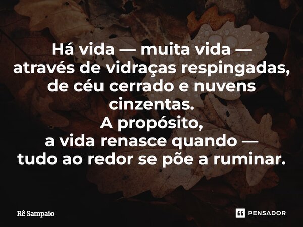 H⁠á vida — muita vida — através de vidraças respingadas, de céu cerrado e nuvens cinzentas. A propósito, a vida renasce quando — tudo ao redor se põe a ruminar.... Frase de Rê Sampaio.