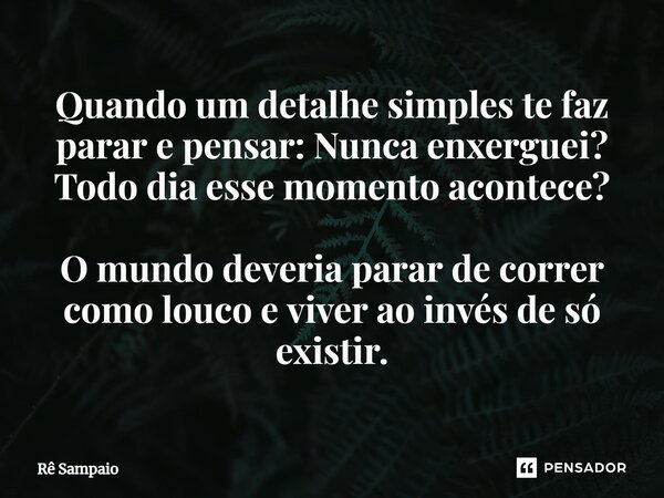 ⁠Quando um detalhe simples te faz parar e pensar: Nunca enxerguei? Todo dia esse momento acontece? O mundo deveria parar de correr como louco e viver ao invés d... Frase de Rê Sampaio.