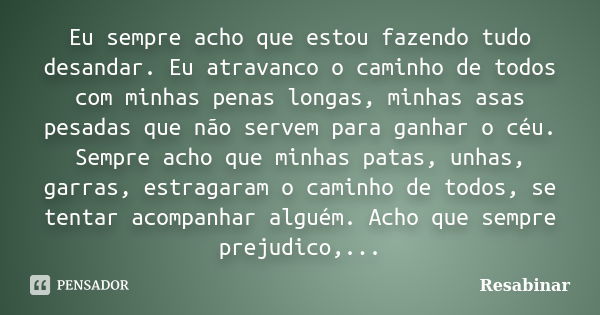 Eu sempre acho que estou fazendo tudo desandar. Eu atravanco o caminho de todos com minhas penas longas, minhas asas pesadas que não servem para ganhar o céu. S... Frase de Resabinar.